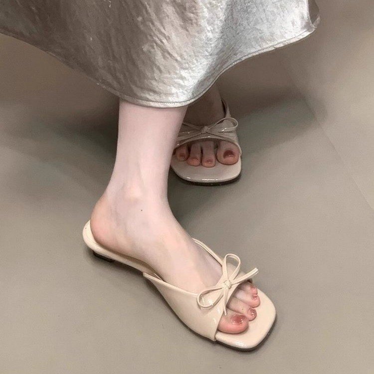 Women's French Style High Heel Slide Sandals, 2026 New Summer Outdoor Wear, Square Toe Wedge Heel, Bowknot Elegant Slippers