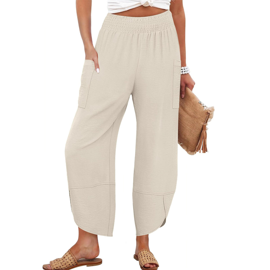 Summer New High-Waist Loose Solid-Color Side-Pocket Cropped Trousers