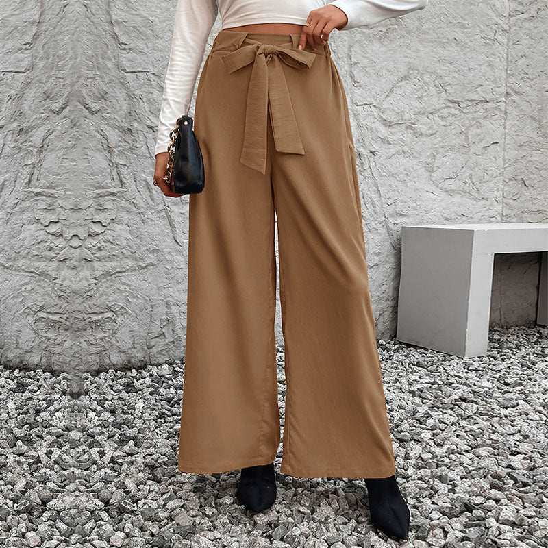 Solid-color Lace-up High-waist Straight-leg Wide-leg Minimalist Chic Versatile Womens Trousers