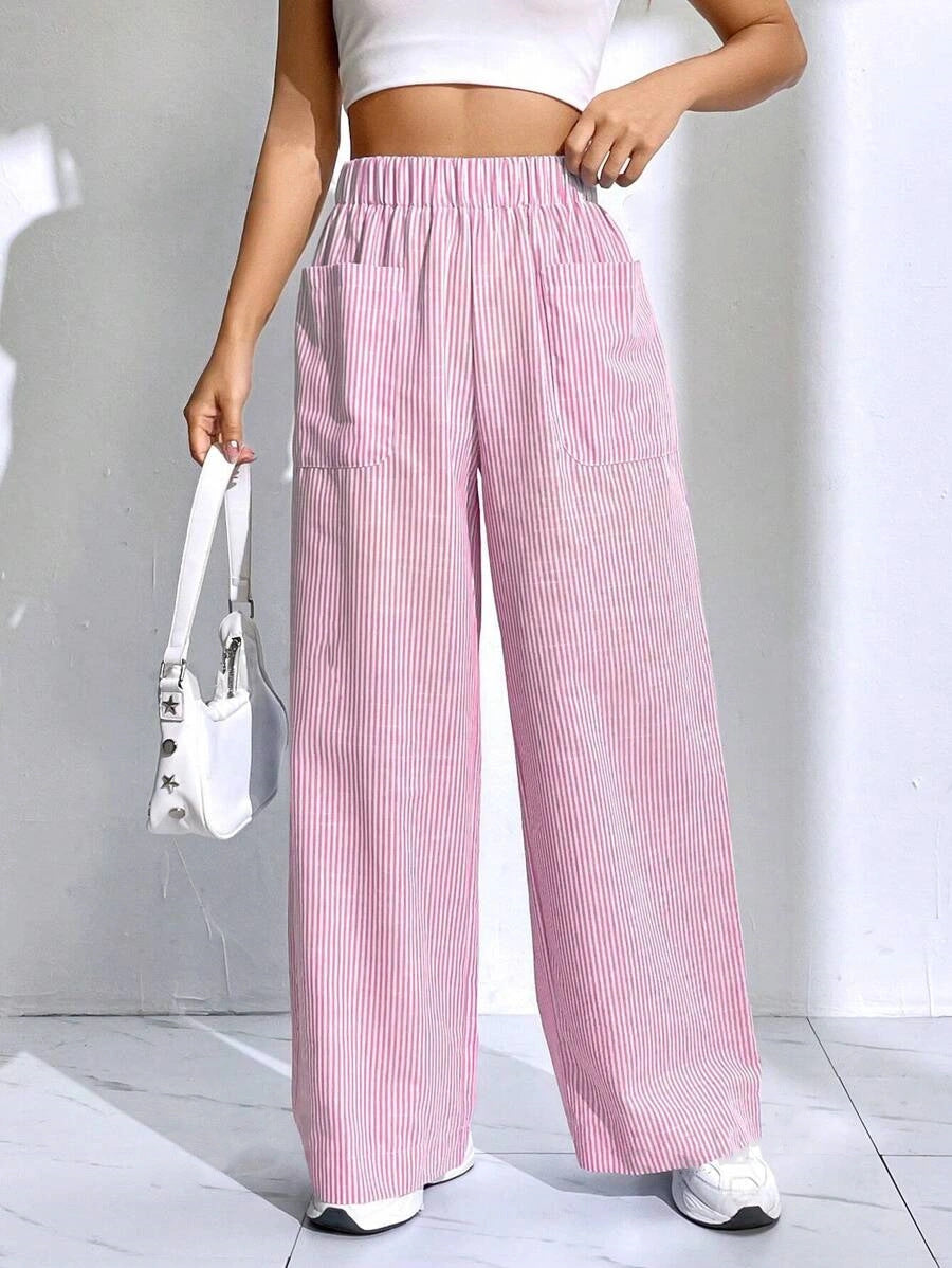 Womens Striped Plaid Printed Wide-Leg Pants