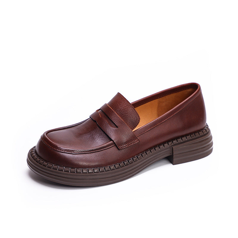 British-style Round-toe Chunky-heel Professional All-match Full-grain Leather Shoes