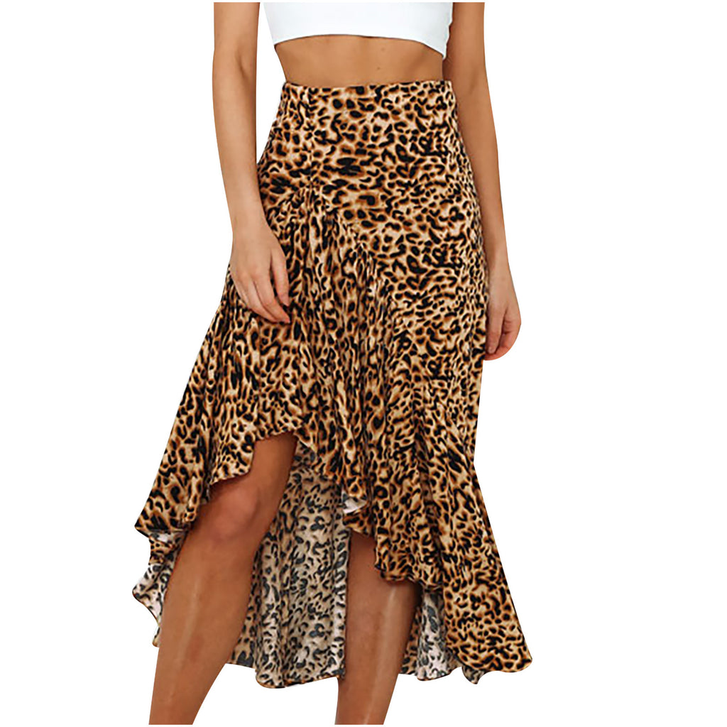 Casual Half  Loose Slit A-line 4 Color Leopard Print Floral Skirt