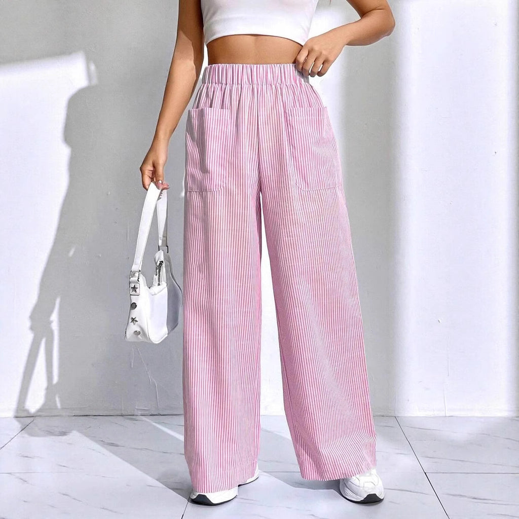 Womens Striped Plaid Printed Wide-Leg Pants