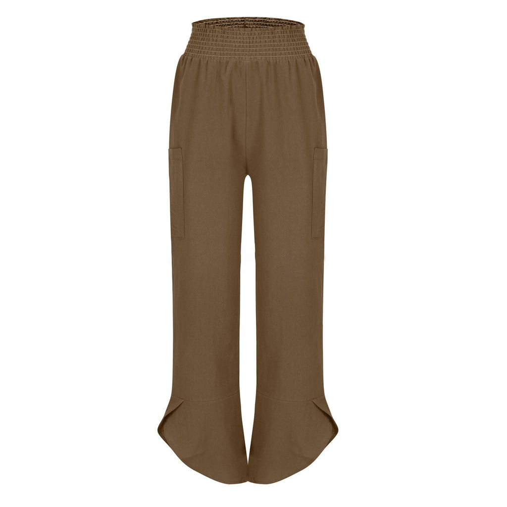 Summer New High-Waist Loose Solid-Color Side-Pocket Cropped Trousers