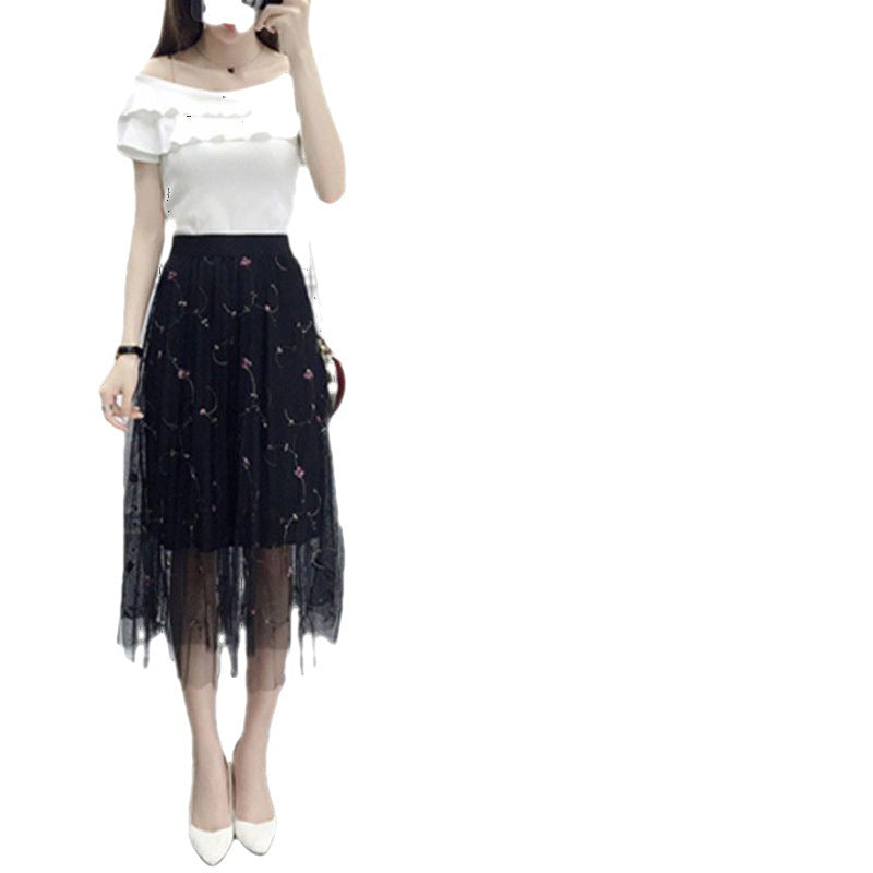 Women's Mid-length Pleated High-waist Slim Mesh Skirt