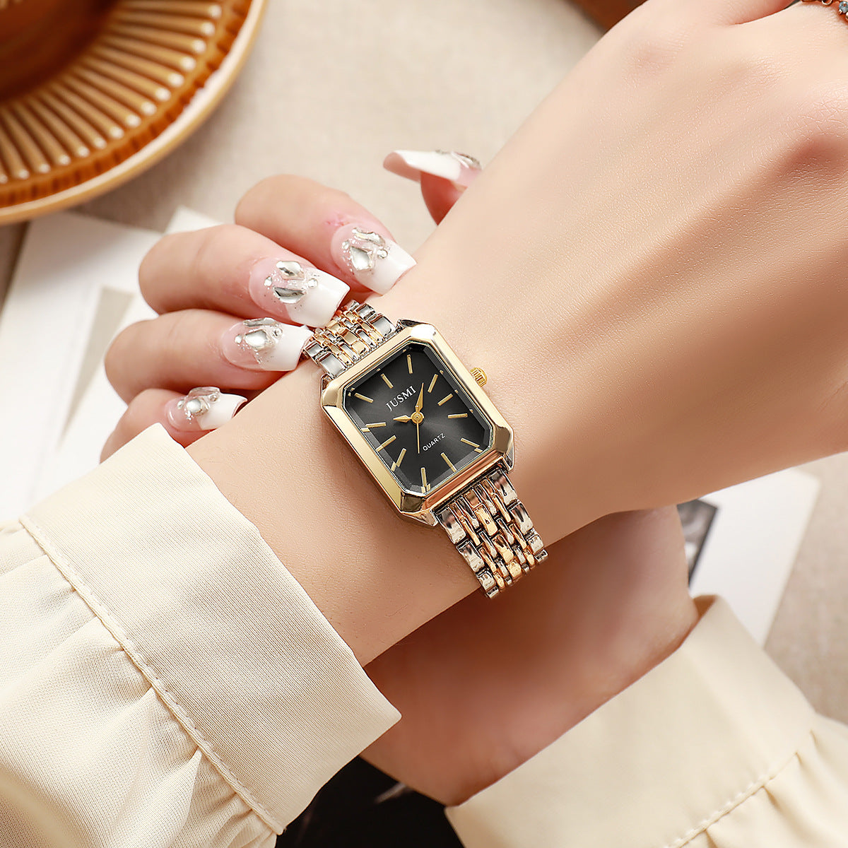 Square Meridian-Style Dial Fashionable Personalized Quartz Watch With Steel Band