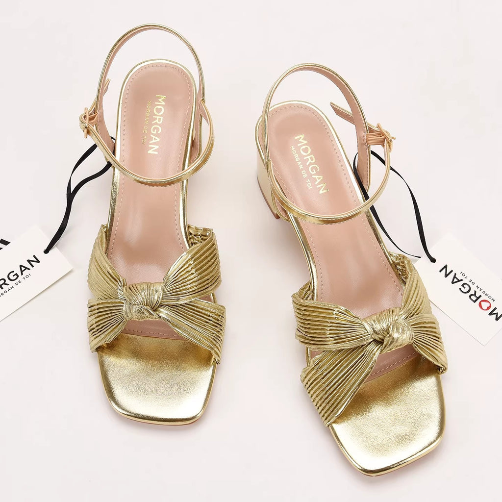 Cross-Strap Knot Square-Toe Mid-Heel Sandals
