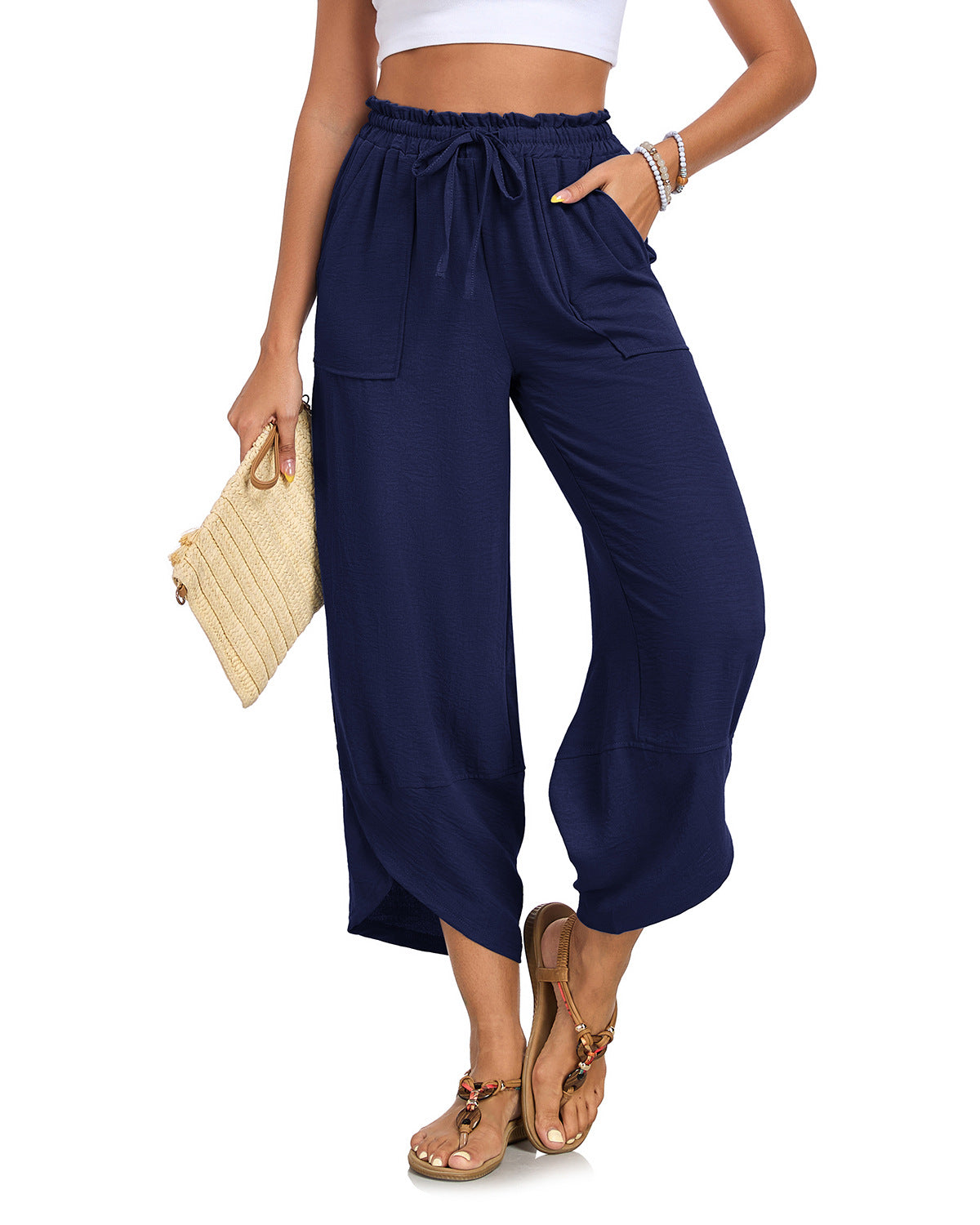 Women's Petal-Print Drawstring Elastic Waist Cropped Wide-Leg Pants