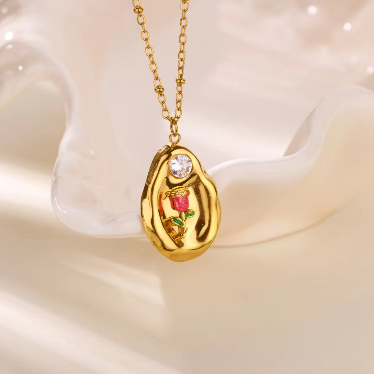 Retro Zircon-Inlaid Oil-Drip Pattern 18K Gold-Plated Choker Necklace