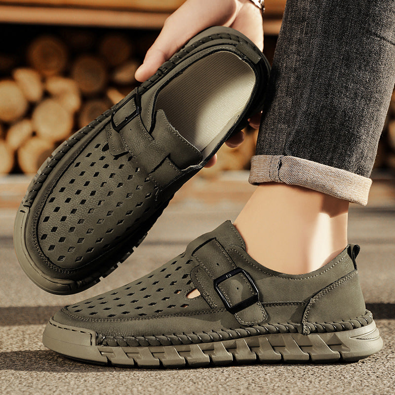 Mens Breathable Stitched Plus-Size Casual Leather Shoes