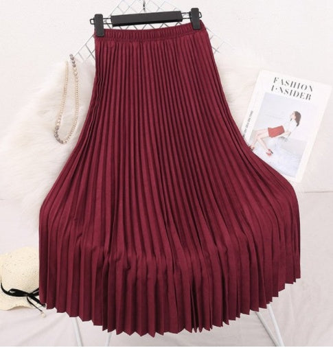 Deerskin Velvet Pleated Skirt Female High-waisted A-line Skirt All-match Big Hem