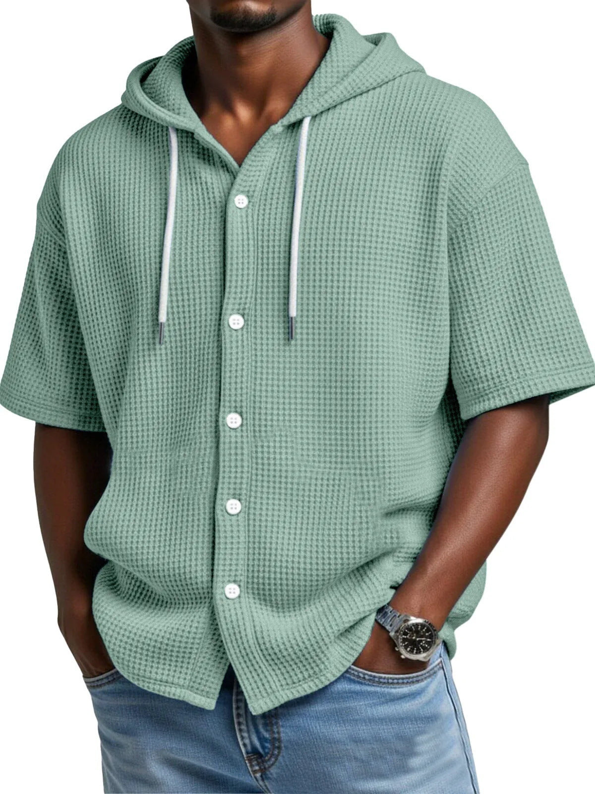 SpringSummer Casual Waffle Weave Hooded Short-Sleeve Top