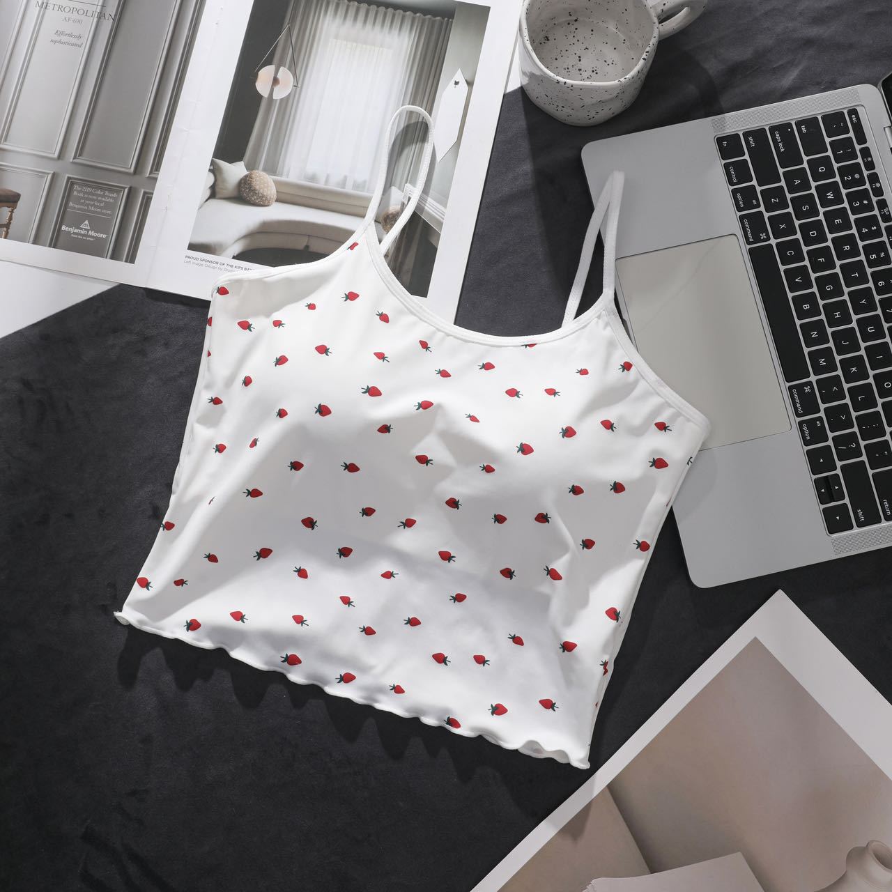 Ruffle-edged Outerwear Top With Built-in Chest Pads And A Strawberry Print