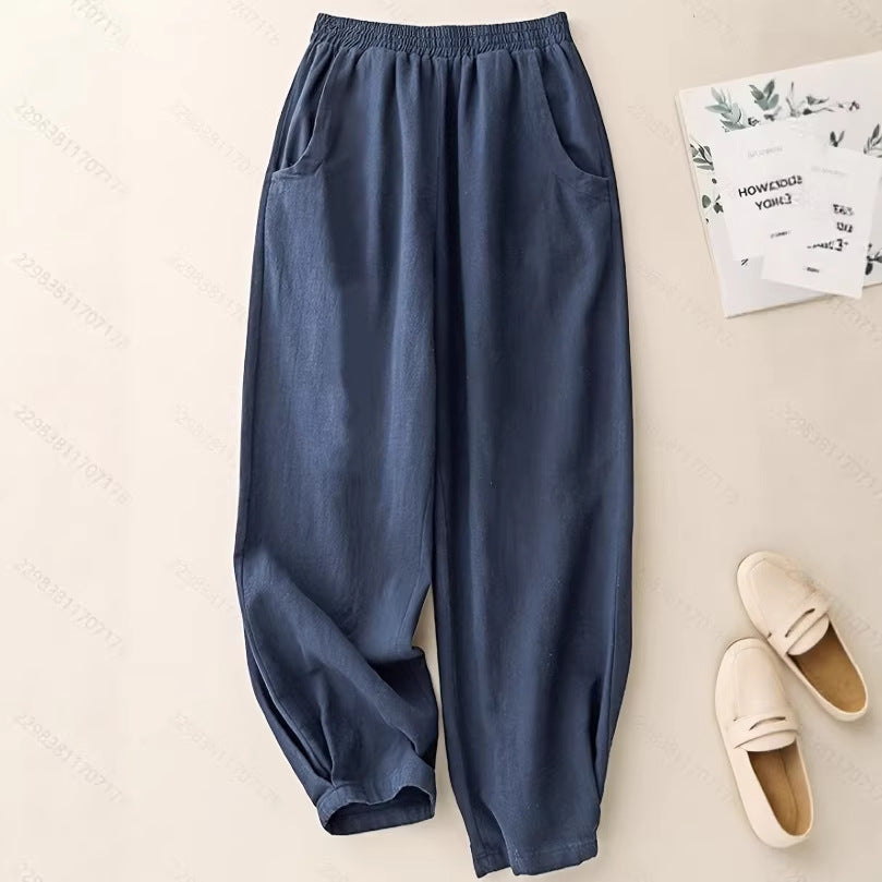 Navy Blue Cotton-Linen Ankle-Cinched Bloomer Pants For Women