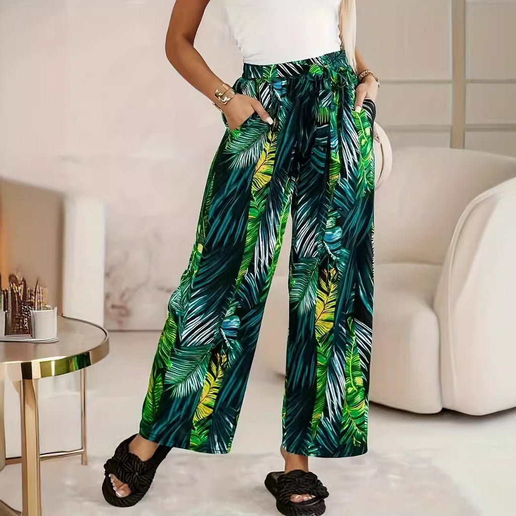 Elastic-waist Casual Wide-leg Pants With A Leaf Print Green