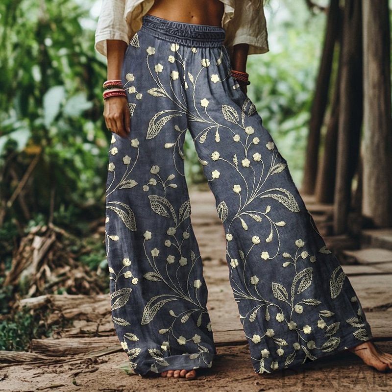 Mid-waist Flower Bud Wide-leg Casual Pants