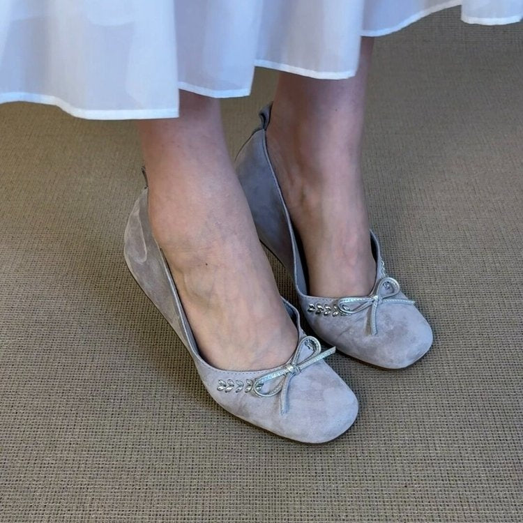 French Style Bow Mary Jane Shoes For Women, Hidden Wedge Heel, Gentle Style Loafers, Square Round Toe, Low-Cut Flats