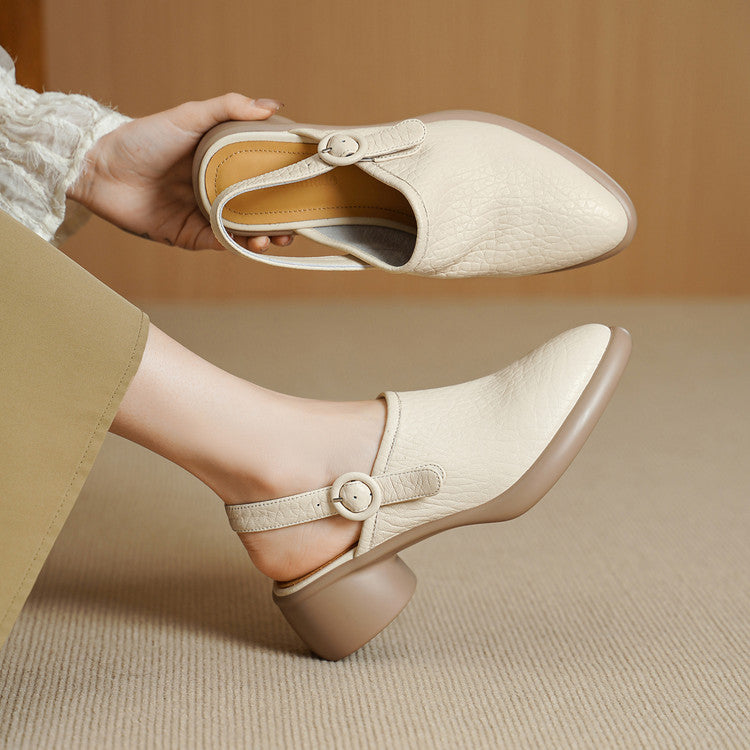 Women's Closed Toe Platform Genuine Leather Sandals, Round Toe, Chunky Heel, Single Buckle Strap, Open Back Roman Style, First-Layer Lambskin Shoes