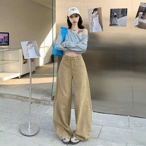 Khaki Loose-fit Wide-leg Cargo Jeans