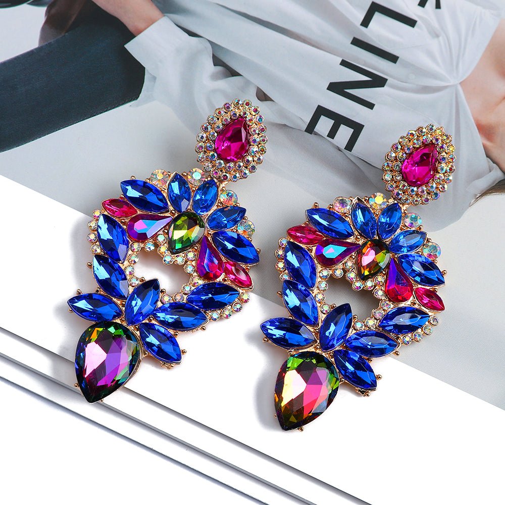 Multi Color Paved Rhinestone Floral Teardrop Dangle Earrings Women Luxury Statement Wedding Prom Formal Party Accessories