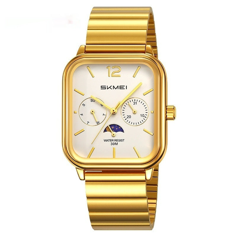 Stylish Multifunctional Square Watch With A Six-hand Moon Phase Display Designed For Business And Featuring Water Resistance