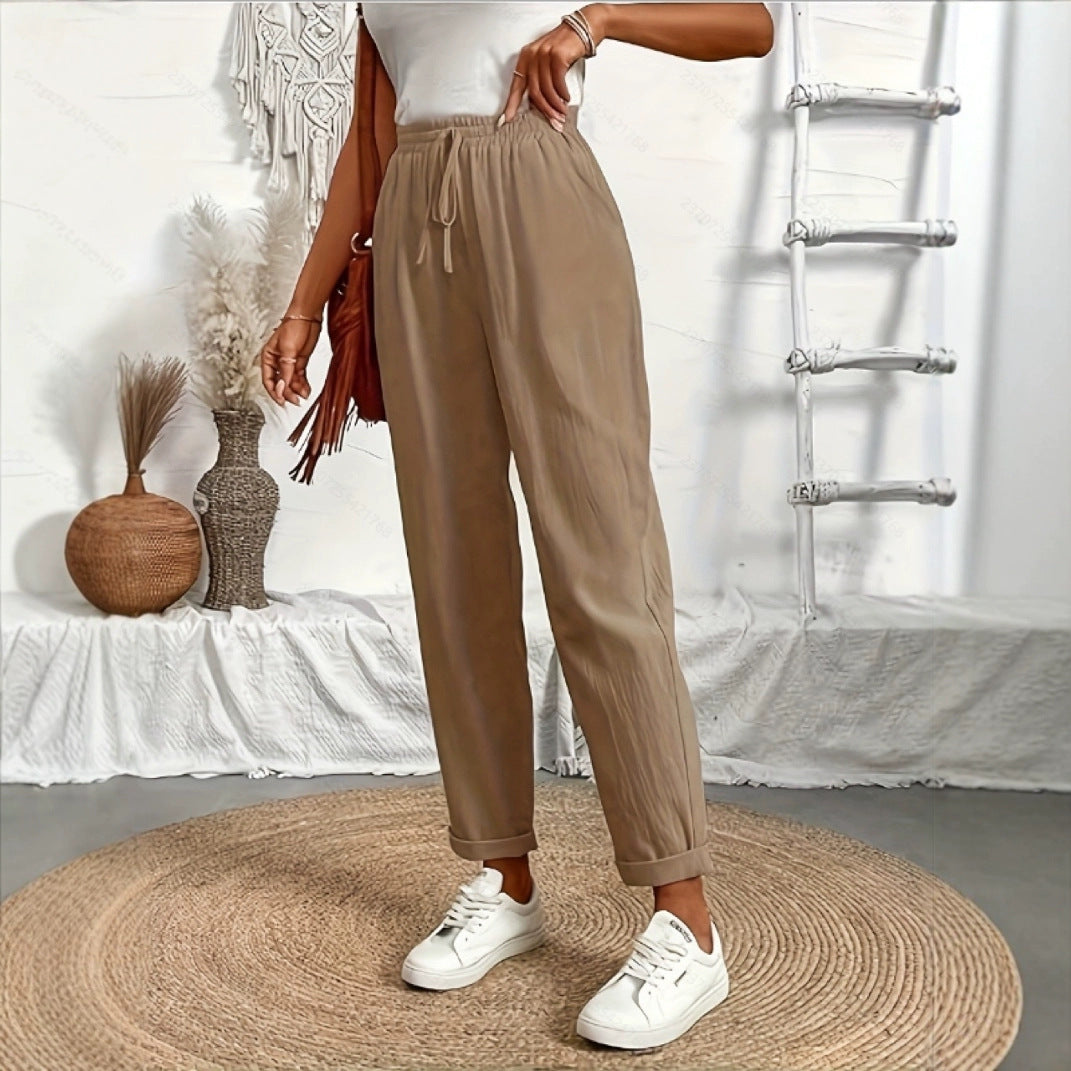 Drawstring-waist Wide-leg Pants Womens Solid Color
