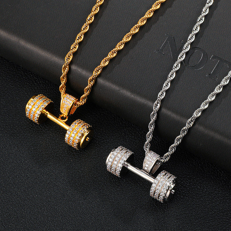 Euro-American Full-Crystal Hip-Hop Pendant Dumbbell Necklace Statement Jewelry