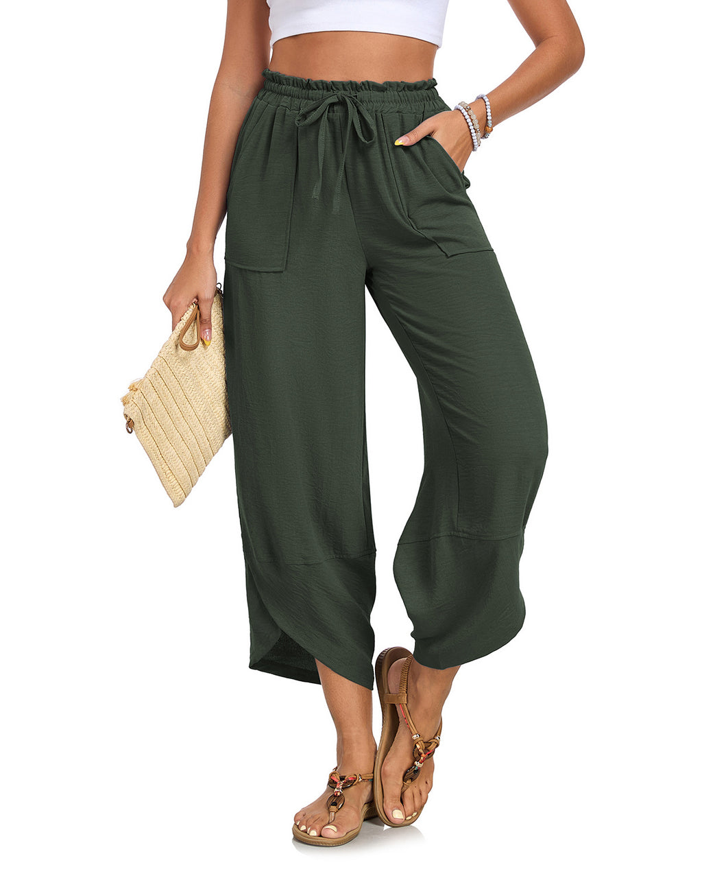Women's Petal-Print Drawstring Elastic Waist Cropped Wide-Leg Pants