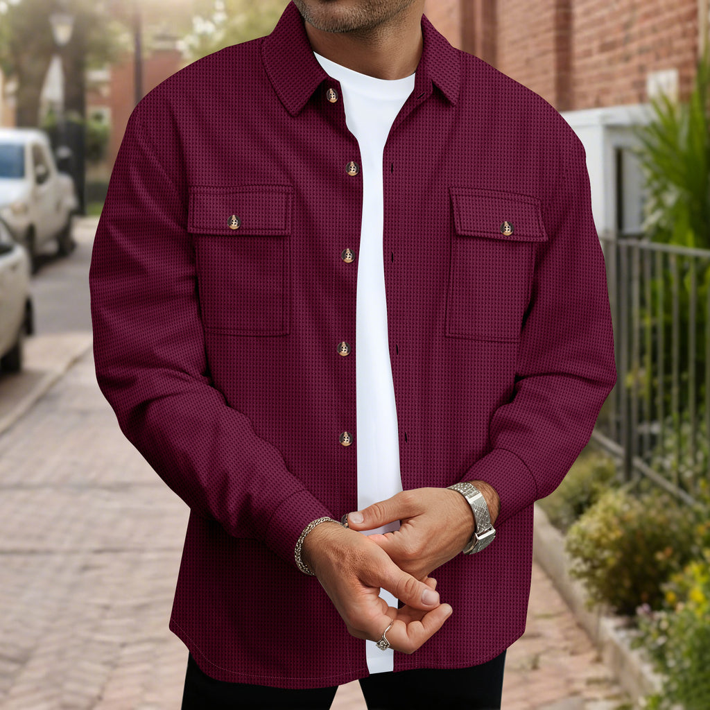 Men's Solid Color Waffle Double Pocket Button-up Long Sleeve Casual Shirt