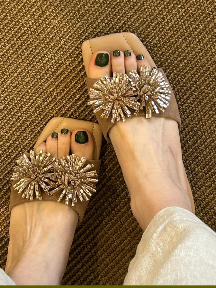 French Square Toe Fireworks Rhinestone Slide Sandals, Elegant Open Toe Luxury Outdoor Slippers