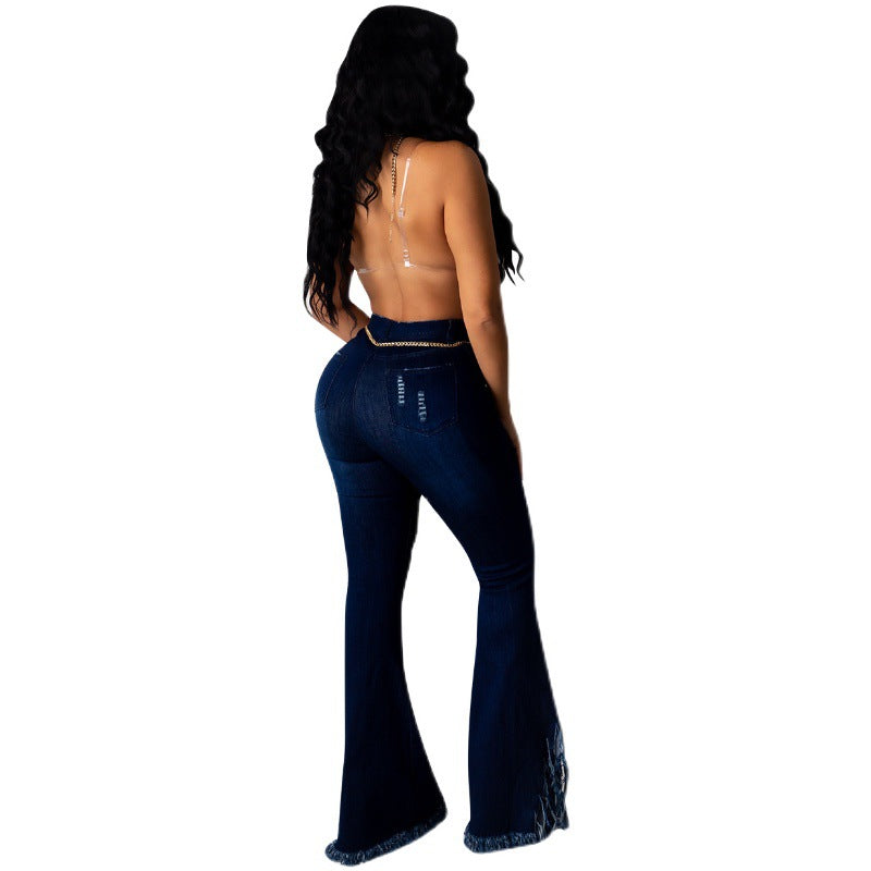 Ripped Fringed Washed Denim Jeans