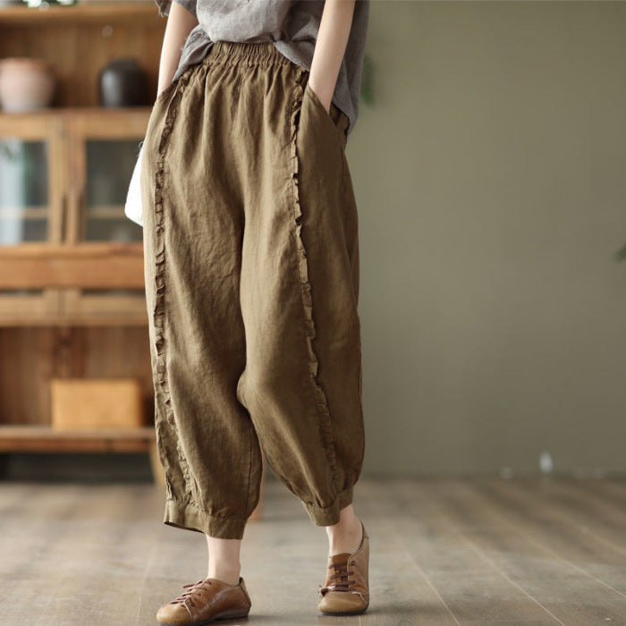High-waisted Figure-flattering Solid-color Capri Harem Pants