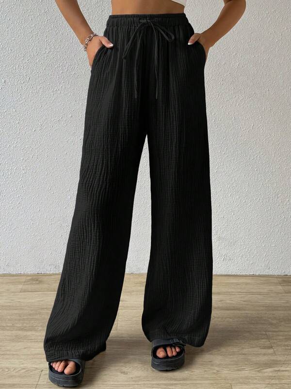 Fashionable Womens Versatile Elastic Waist Casual Wide-Leg Pants