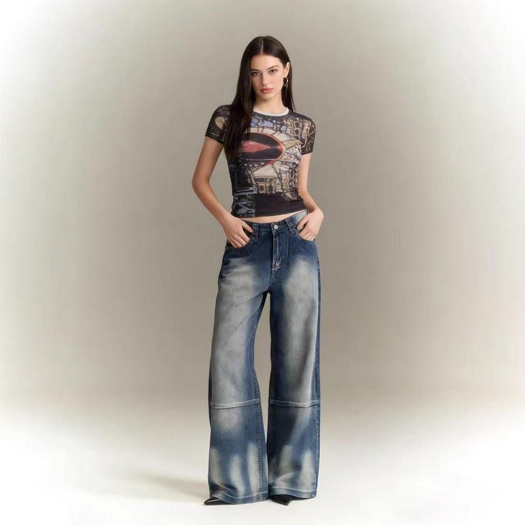 Printed Vintage Loose Wide-Leg Womens Jeans