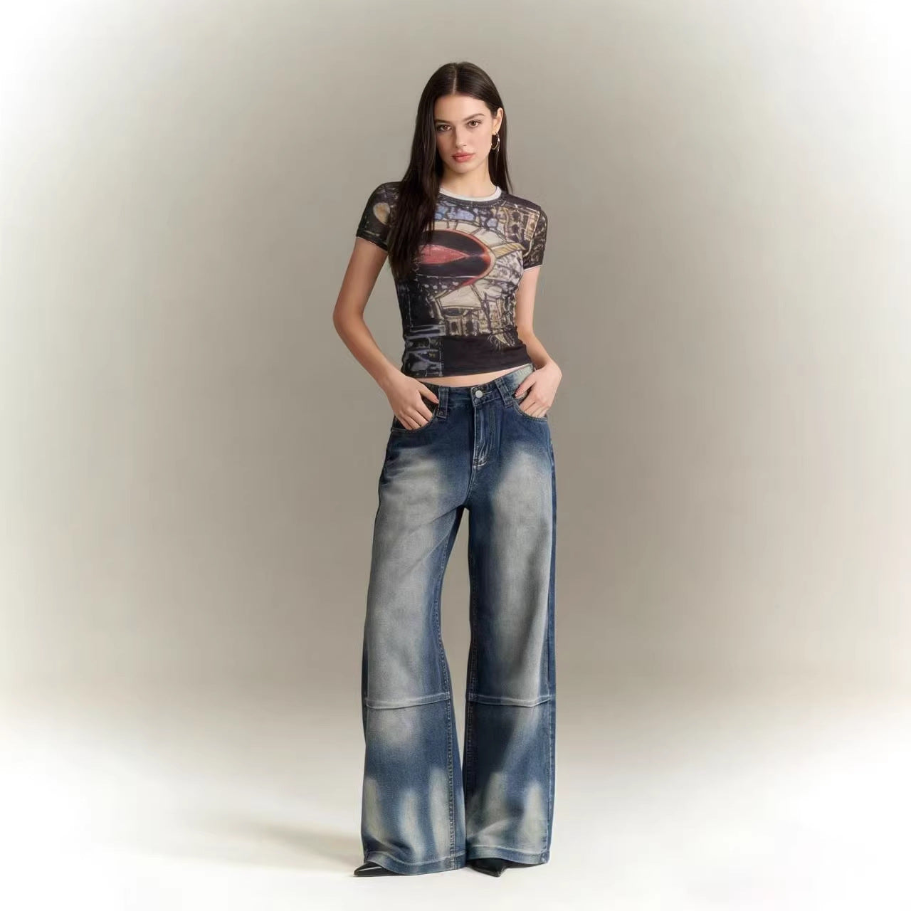Printed Vintage Loose Wide-Leg Womens Jeans