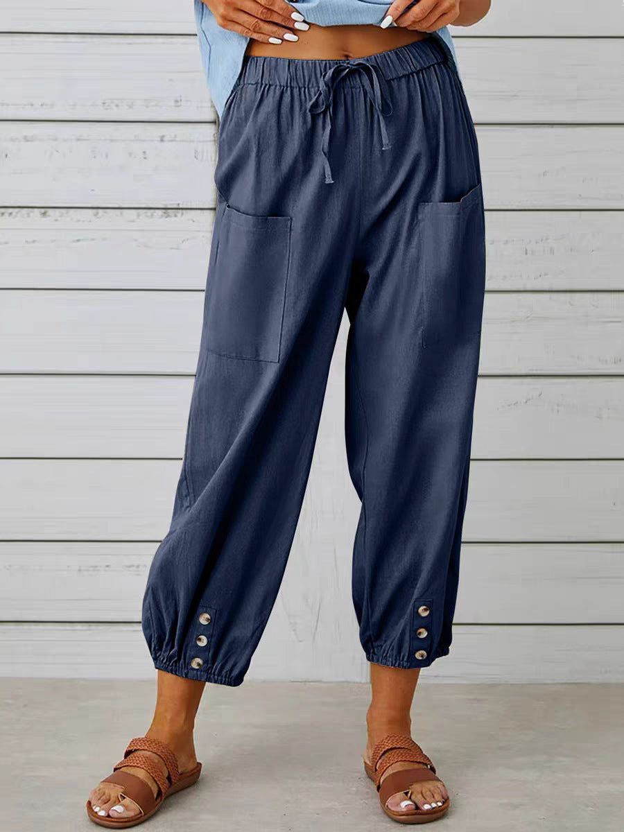 Buttoned Two-tone Linen Cropped Harem Pants