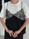 Women's Lace-Patchwork Loose Basic Crew-Neck Short-Sleeve T-Shirt
