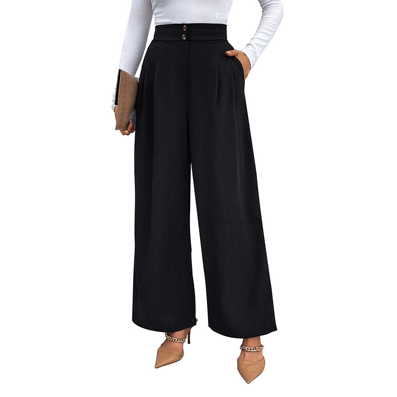 Casual High-Waist Workwear Pants Loose-Fit Black Wide-Leg Trousers