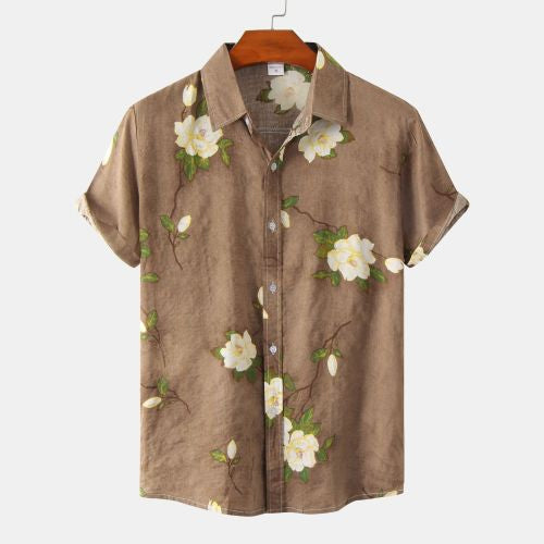 Men's Loose Printed Cotton And Linen Shortsleeved Shirt