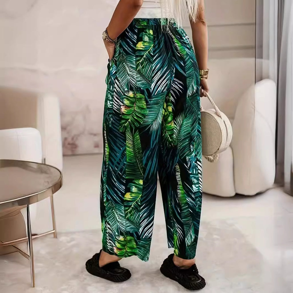 Elastic-waist Casual Wide-leg Pants With A Leaf Print Green