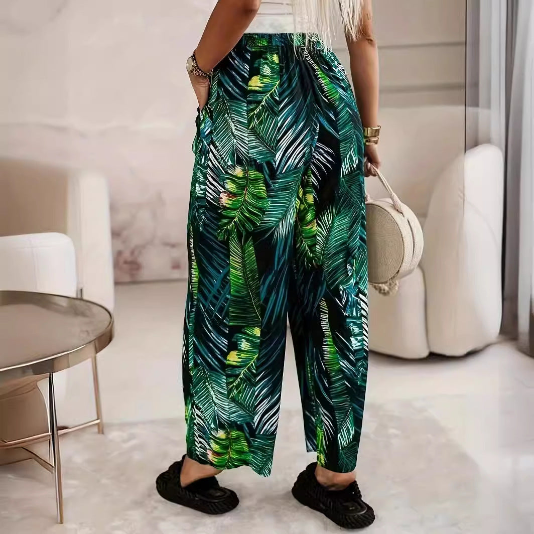 Elastic-waist Casual Wide-leg Pants With A Leaf Print Green