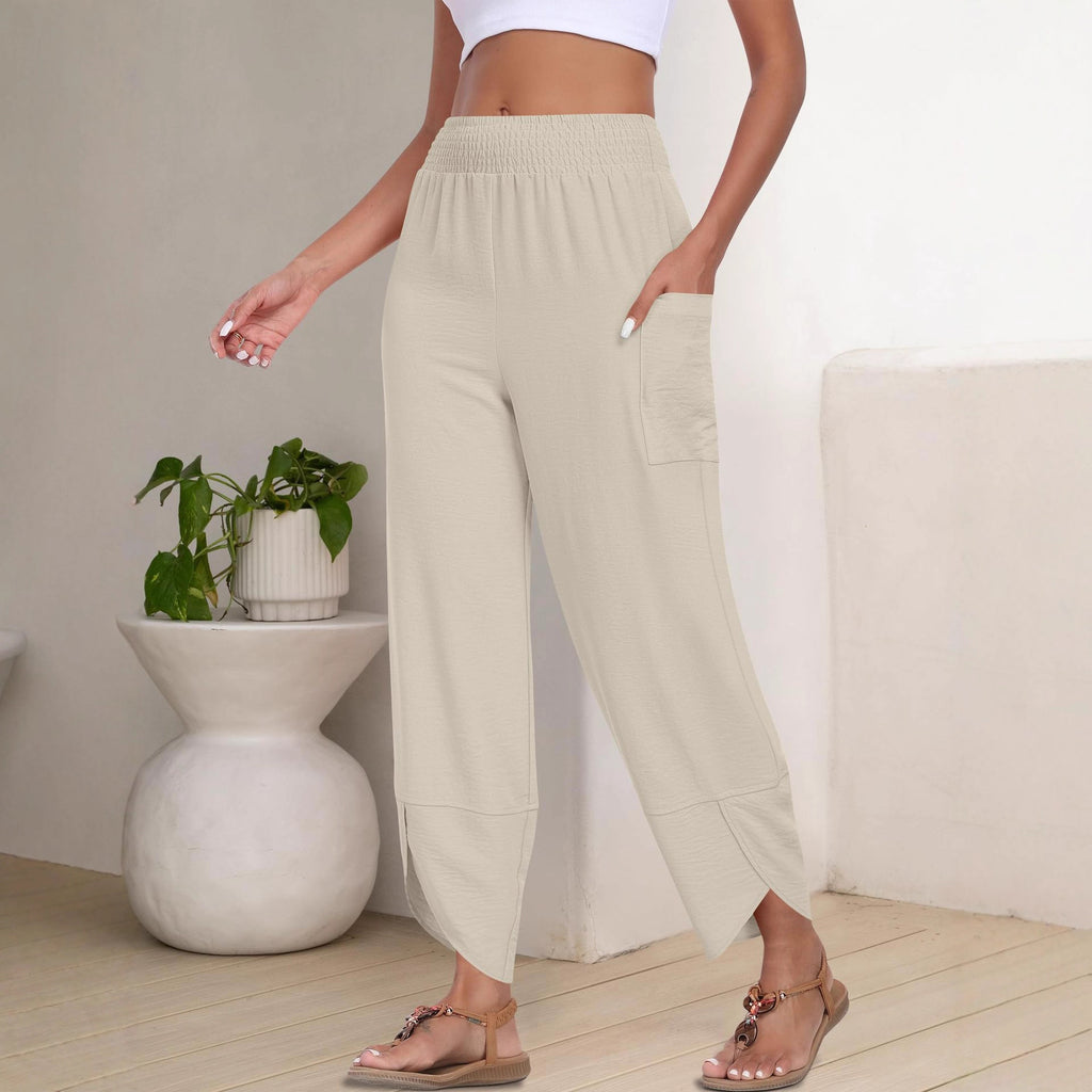 Summer New High-Waist Loose Solid-Color Side-Pocket Cropped Trousers