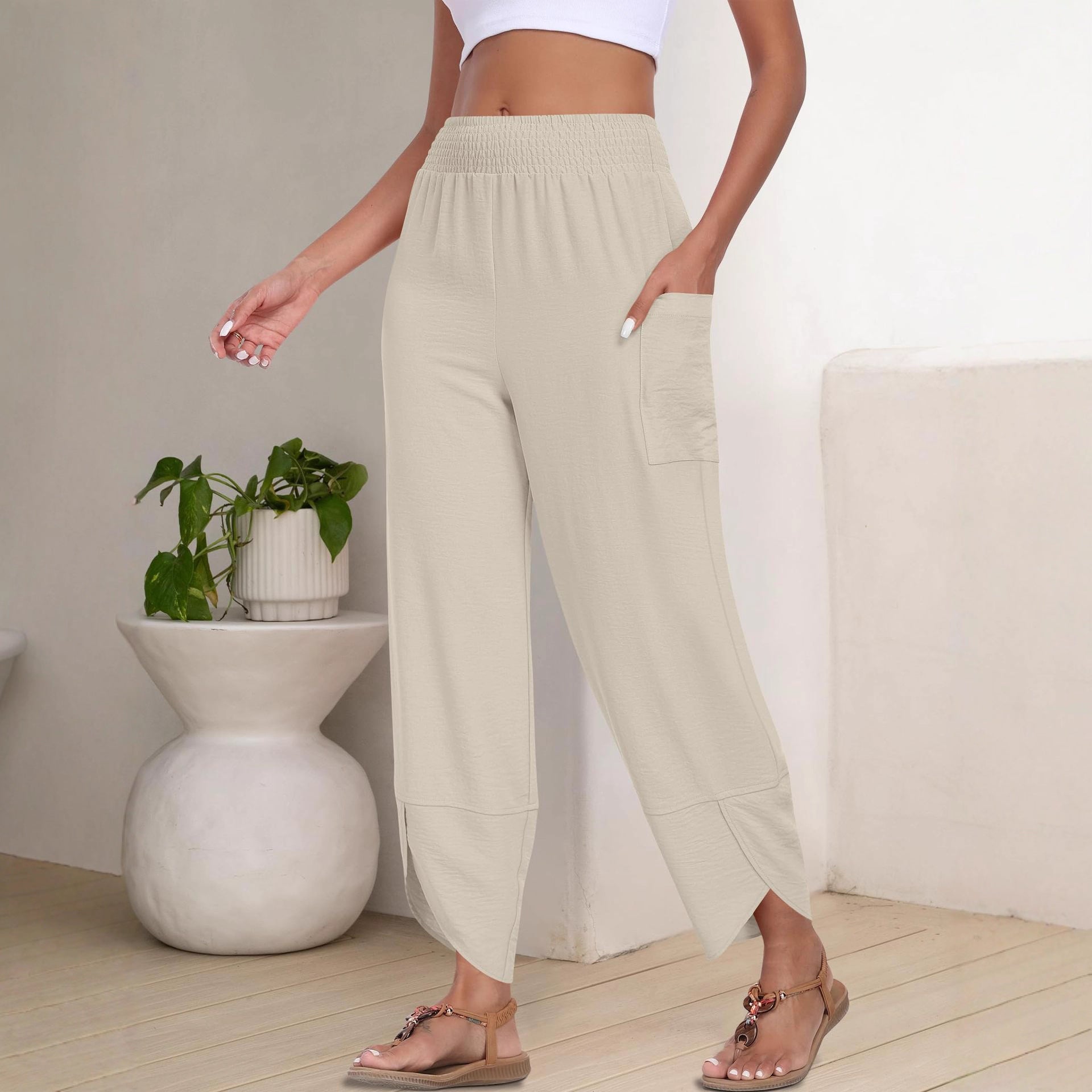 Summer New High-Waist Loose Solid-Color Side-Pocket Cropped Trousers