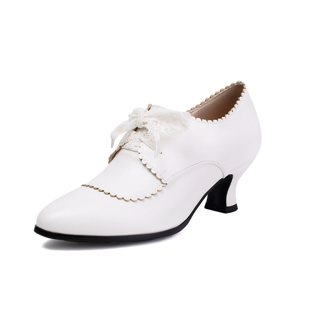 Fashionable High-Heel Plus-Size Embossed Floral Lace-Up Pointed-Toe Womens Pumps