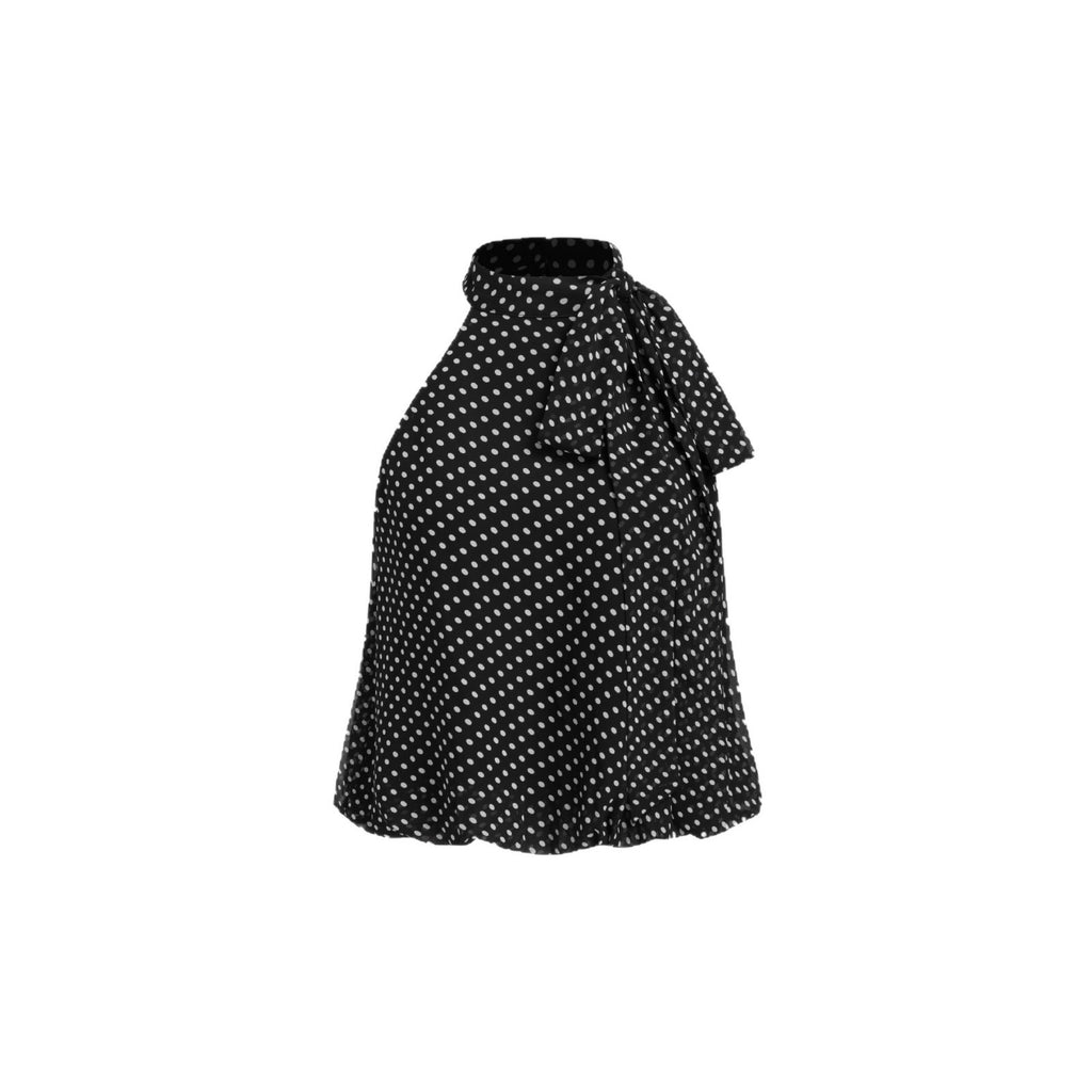 Round-neck Polka-dot Sleeveless Tie-neck Top