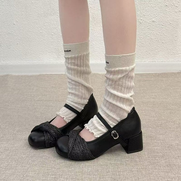 Women's Woven Mary Jane Shoes, 2026 New Gentle Style, French Buckle Strap, Block Heel Pumps, Fairy Elegant High Heels