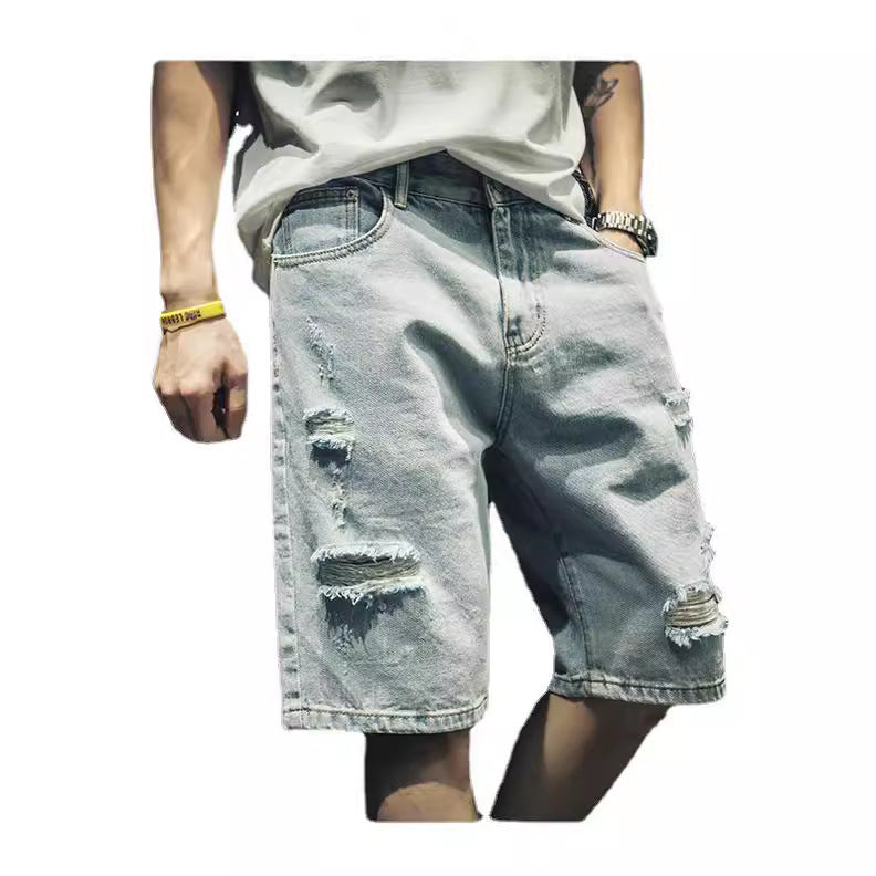 Ripped Denim Outer Wear Fifth Pants