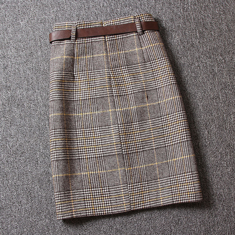 Woolen Plaid Women's Mid-length High Waist Slit One-step Hip Skirt