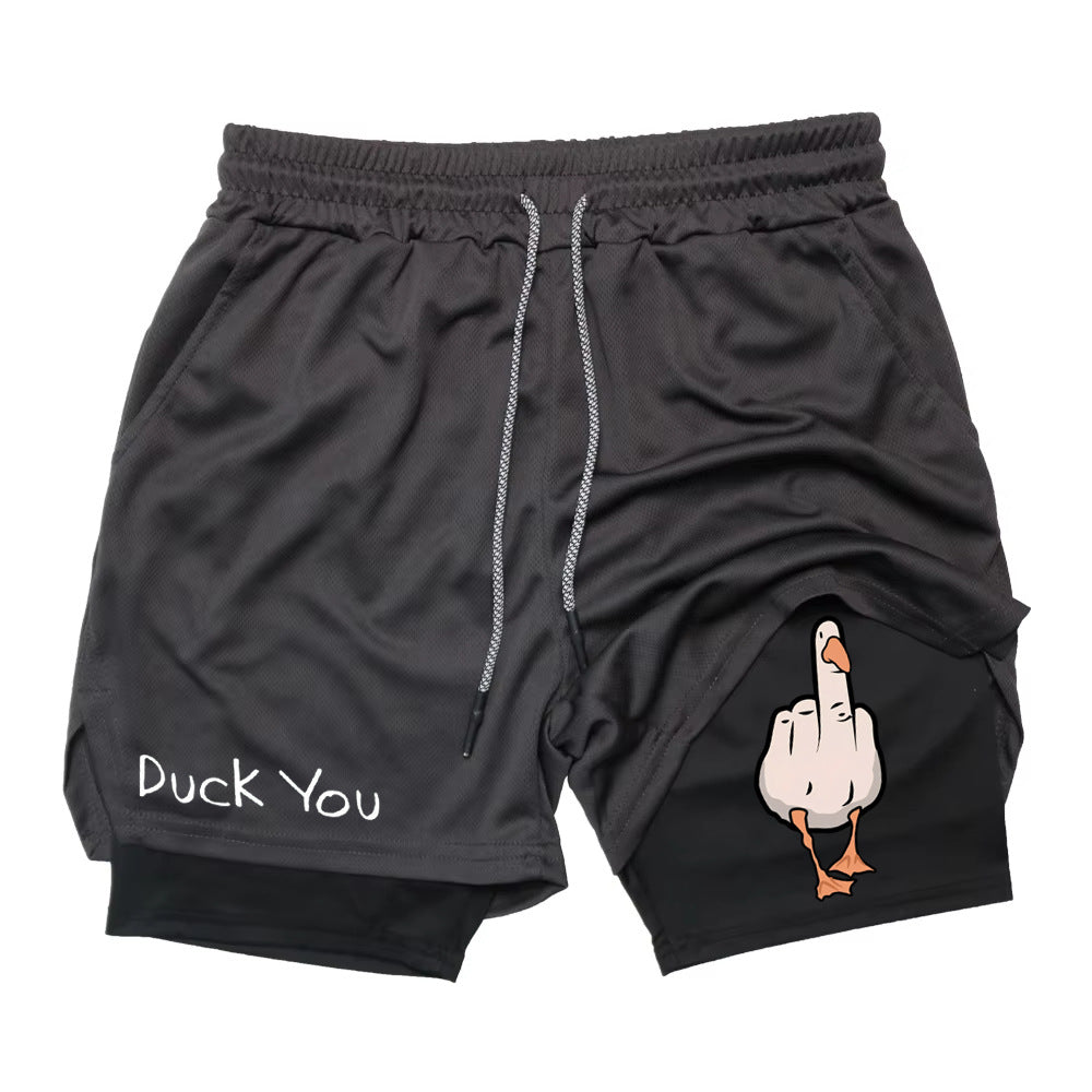 Mens Cartoon Duck Double-Layer Sports Shorts