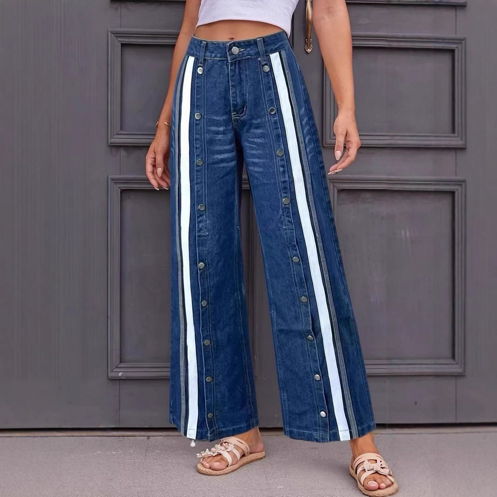 Fashionable Retro Personalized Flared Split Hem Color-Block Wide-Leg Floor-Length Womens Denim Trousers